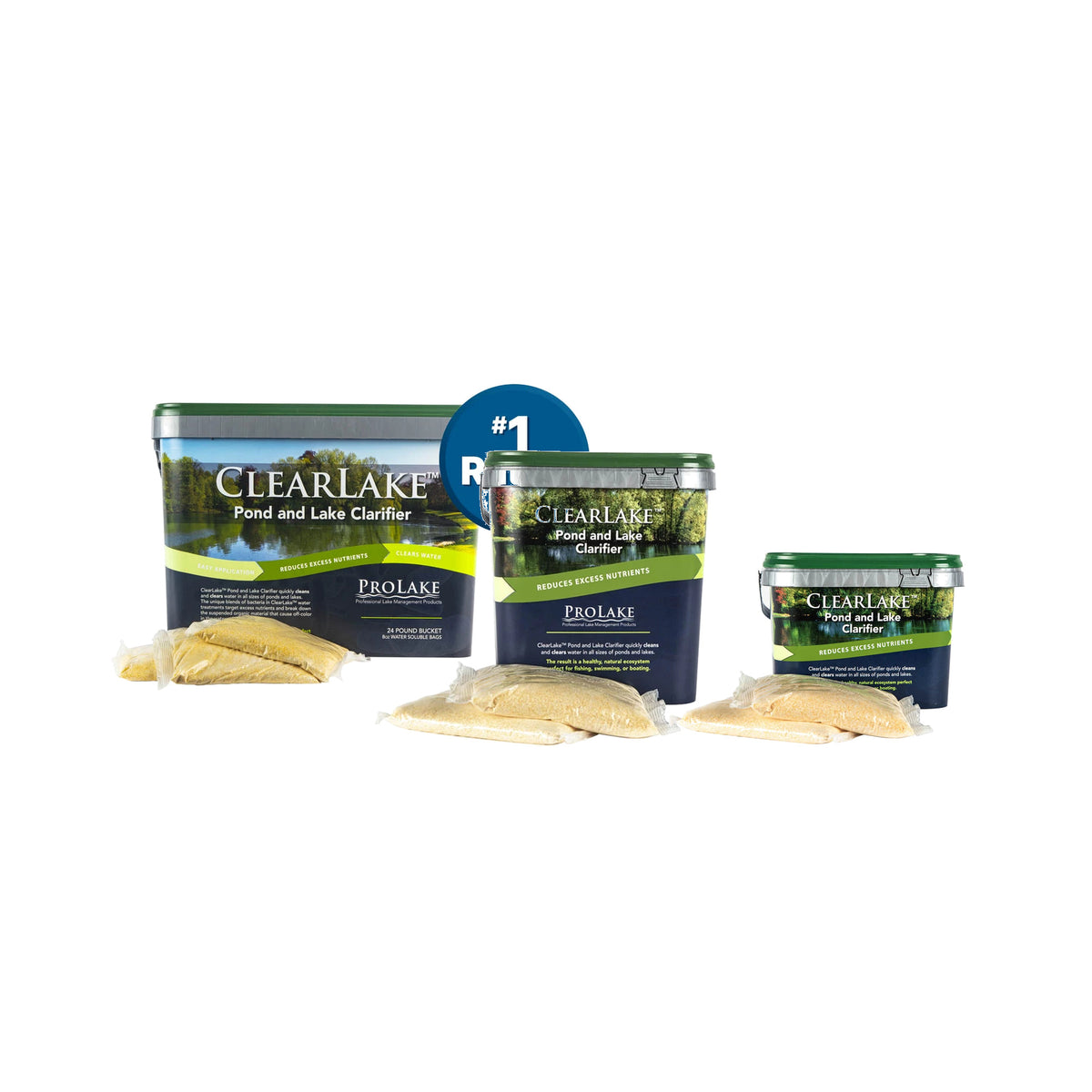 ClearLake Pond and Lake Clarifier 4 lb 8 lb and 24 lb buckets with water soluble bags