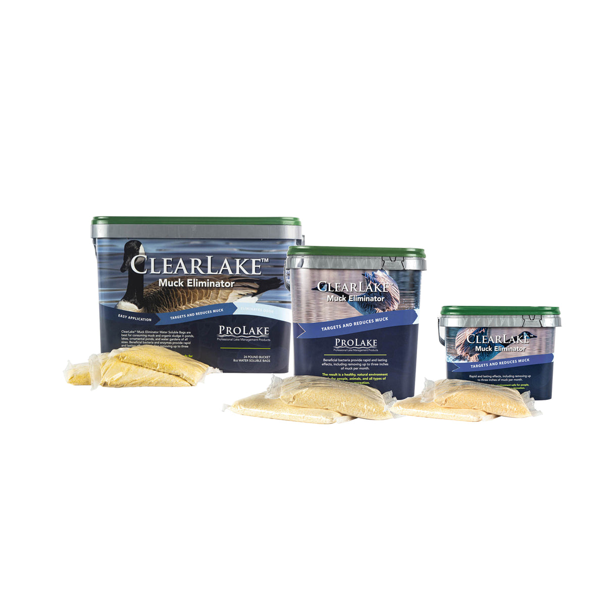 ClearLake Muck Eliminator water soluble packets 4 lb 8 lb and 24 lb buckets